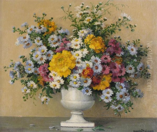 Michaelmas Daisies In An Urn Oil Painting by Maurice Decamps