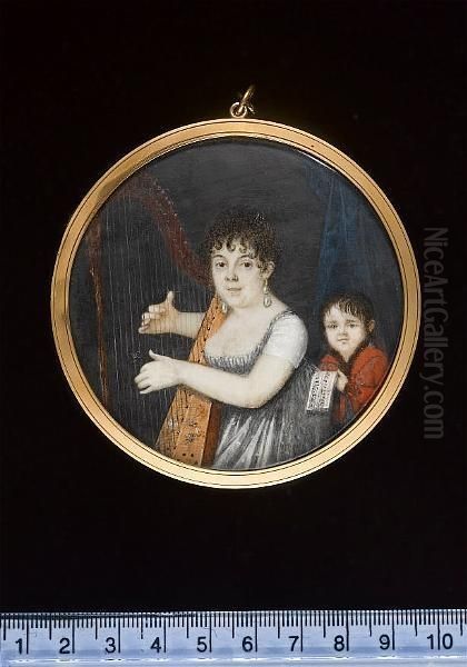 A Lady, Wearing Decollete Grey Dress With White Sleeves, Drop Pearl Earrings, Her Hair Upswept, Playing A Harp, Her Son Beside Her, Wearing Red Jacket, Grey Waistcoat, Black Chemise, Holding Sheet Music, With Blue Curtain In Background. Oil Painting by Charles Le Chevalier Dechateaubourg