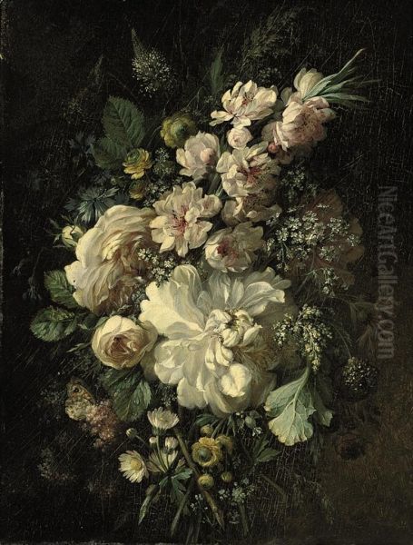 A Butterfly, Roses, Daisies And Other Wildflowers Oil Painting by Pierre-Toussaint Dechazelle