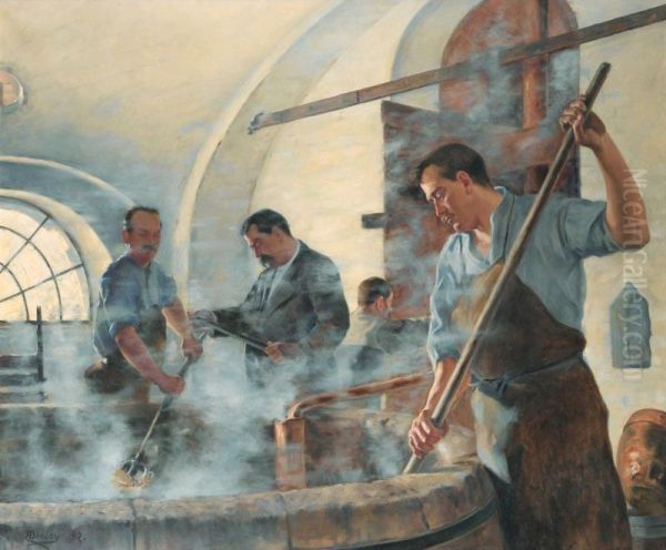 Le Demelage, Brasseurs A Bethencourt [ ; Mashing At The Brewery Of Bethencourt (north Of France) ; Oil On Canvas Signed And Dated '92] Oil Painting by Eugene Decisy