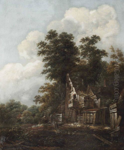 A Wooded Landscape With Figures Outside A Ruinous Cottage Remains Oil Painting by Cornelius Decker