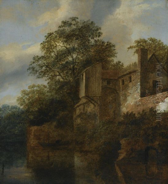 A Figure Standing By A Stone House Along A River Oil Painting by Cornelius Decker