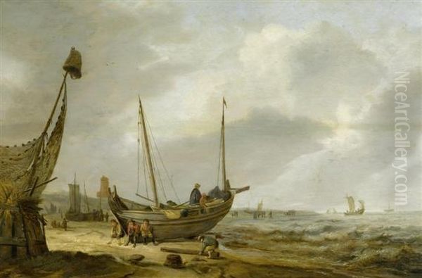 Coastal Landscape With Fishermen Near Their Boat On The Beach Oil Painting by Cornelius Decker