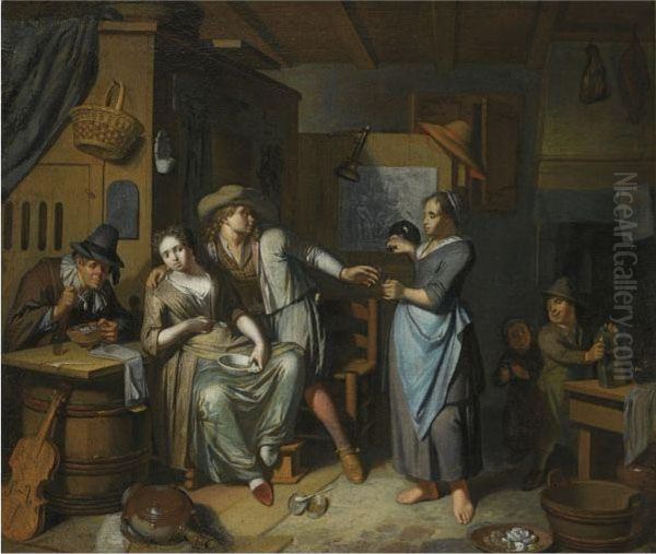 A Household Scene With A Maid Pouring A Glass For A Man Carousing Aseated Woman Holding A Bowl, Another Man Seated Lighting His Pipe,and Two Children In The Background by Frans Decker