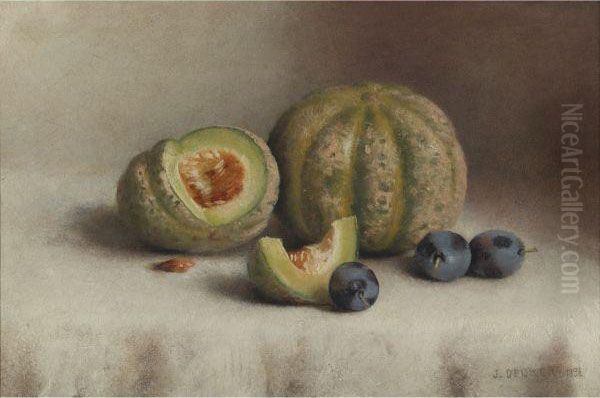 Still Life With Plums And Melons Oil Painting by Joseph Decker