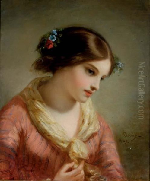 Portrait Of A Girl With Flowers In Her Hair Oil Painting by Pierre-Joseph Dedreux-Dorcy