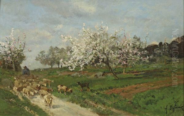 Troupeau De Mouton Pres Des Arbres En Fleur Oil Painting by Alexandre Defaux