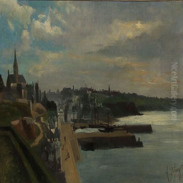 View Of A Harbour In Northern France, Morning Light Oil Painting by Alexandre Defaux