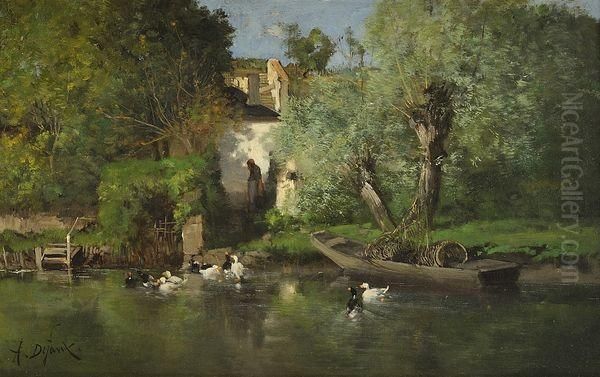 Canards Devant Une Chaumiere Oil Painting by Alexandre Defaux