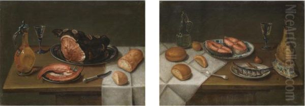 A Still Life With Salmon Steaks, A Sardine, Bread Roles, An Onion, A Roemer, A Glass Pitcher And A Fork On A Partly Draped Table;
 A Still Life With A Ham, Tongues, A Loaf Of Bread, A Knife, A Glass And A Glass Jug On A Partly Draped Table Oil Painting by G.C. Deflans