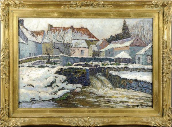 Village Enneige Oil Painting by Henri Deglume