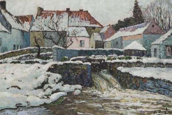 Winter City View With Cascade Oil Painting by Henri Deglume