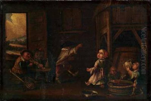 A) E B) Interno Con Nani Oil Painting by Bernardino Deho