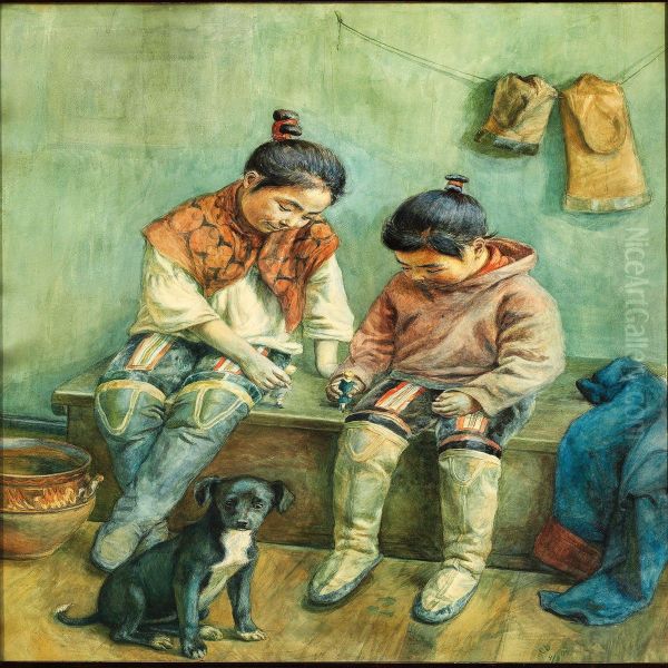 Two Little Girls From Greenland Playing With Their Dolls Oil Painting by Christine Deichmann