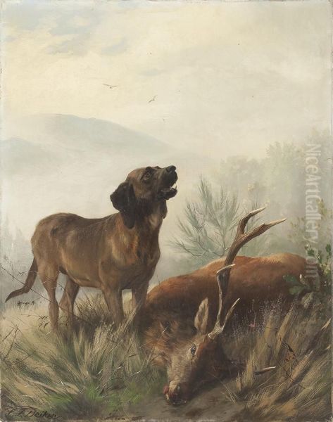 Jagdhund Mit Erlegtem Hirsch Oil Painting by Carl Friedrich Deiker