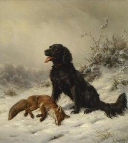 Jagdhund Mit Erlegtem Fuchs In
 Winterlandschaft. Oil Painting by Johannes Christian Deiker