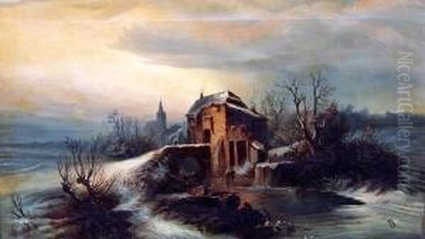 Winterlandschaft Bei Dammerung, Mit Gebaude Und Personen, Teils In Einem Kahn Sitzend Oil Painting by Johann Wagner Deines