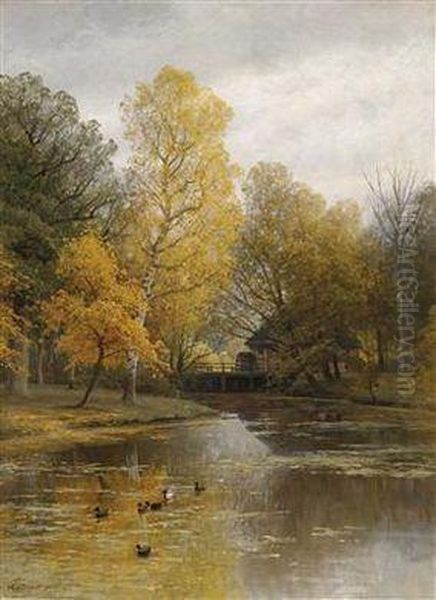 River Landscape With Ducks Oil Painting by Heinrich Deiters