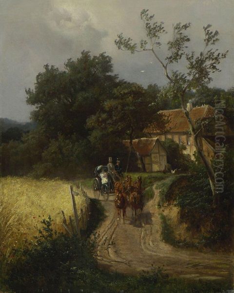 Vierspanner Auf Der Dorfstrase. Oil Painting by Heinrich Deiters