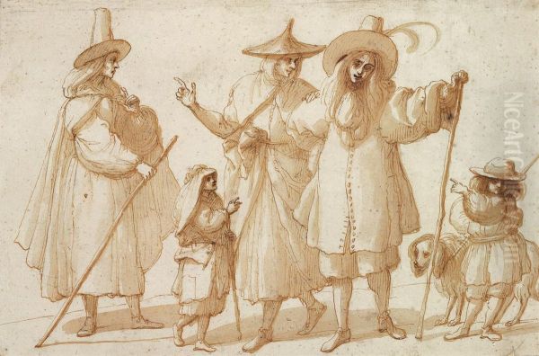 A Group Of Elegantly Dressed Figures With Two Children And Adog Oil Painting by Baccio del Bianco