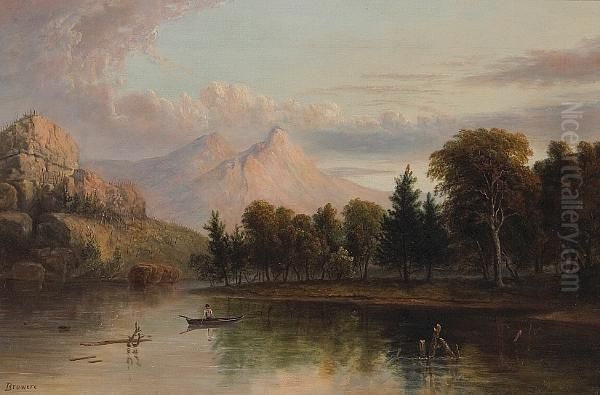 A Lone Figure In A Rowboat With Mountains Beyond Oil Painting by Albertus Orient Del Browere