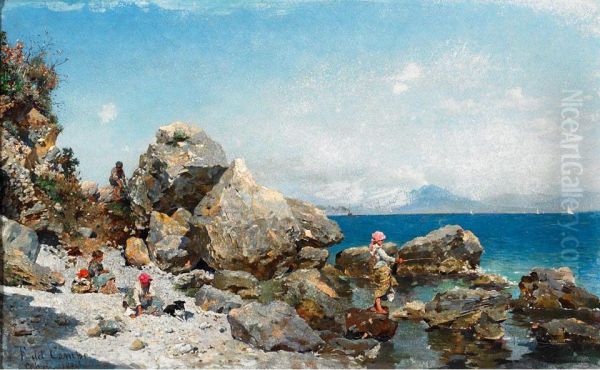 Children And Figures On A Beach Fishing Oil Painting by Federico del Campo