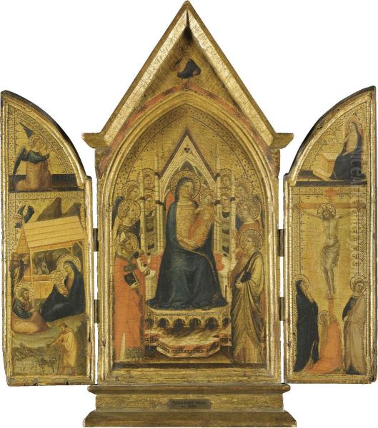 The Madonna And Child Enthroned With Saint Nicholas Of Bari, Two Female Saints, Saint George Oil Painting by Jacopo Del Casentino