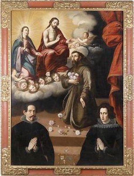 The Virgin And Child Appearing To Saint Francis Of Assisi And Two Donors Oil Painting by Juan Del Castillo