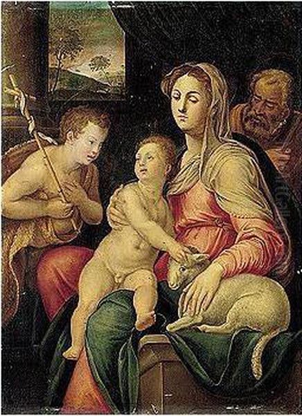 The Holy Family With The Infant Saint John The Baptist Oil Painting by Raffaellino Del Colle