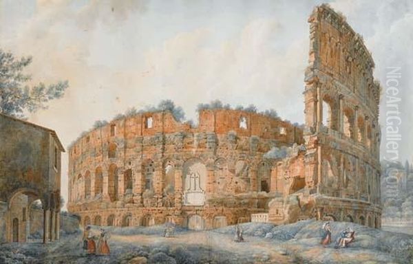 Personnages Devant Le Colisee En Ruines Oil Painting by Antonio Del Drago