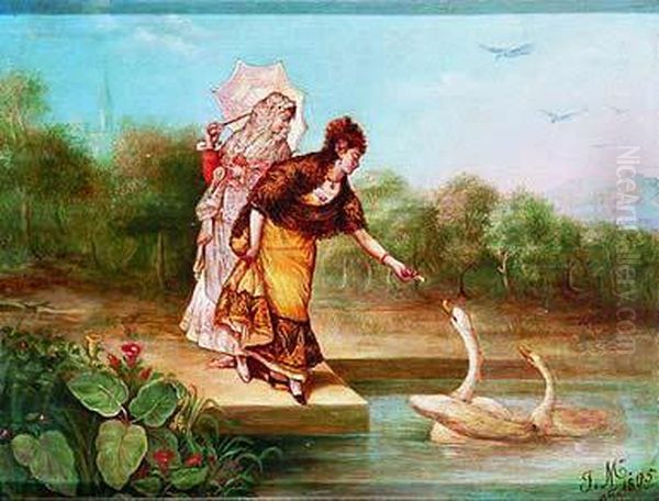 Damas Y Cisnes Oil Painting by Jose Maria Del Rincon