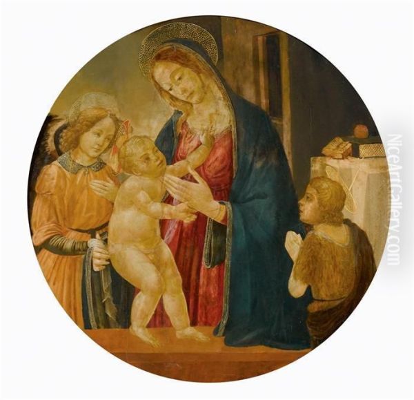 Tondo With Mary And The Infant Jesus And John The Baptistaccompanied By An Angel. Oil Painting by Jacopo Del Sellaio