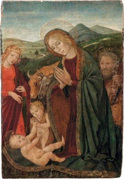 Madonna, San Giovannino, San Giuseppe E Angelo In Adorazione Del Bambin Gesu Oil Painting by Jacopo Del Sellaio