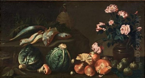 Natura Morta Con Fiori, Ortaggi E Pesci Oil Painting by Simone Del Tintore