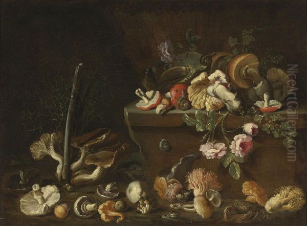 Still Life With Mushrooms And Flowers Oil Painting by Simone Del Tintore