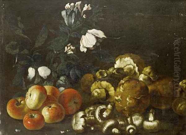 A Still Life Of Apples, Mushrooms Andflowers Oil Painting by Simone Del Tintore