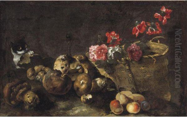 Still Life With Mushrooms, Fruit, A Basket Of Flowers And Acat Oil Painting by Simone Del Tintore