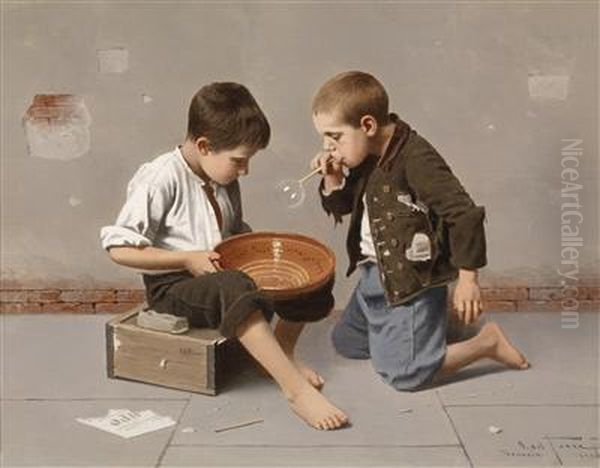 Children Blowing Bubbles Oil Painting by Giulio Del Torre