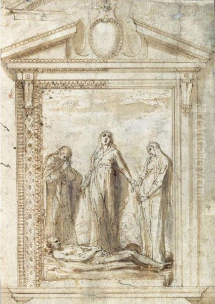 The Lamentation, Within A Design For An Elaborate Frame Oil Painting by Giovanni Del Vecchi