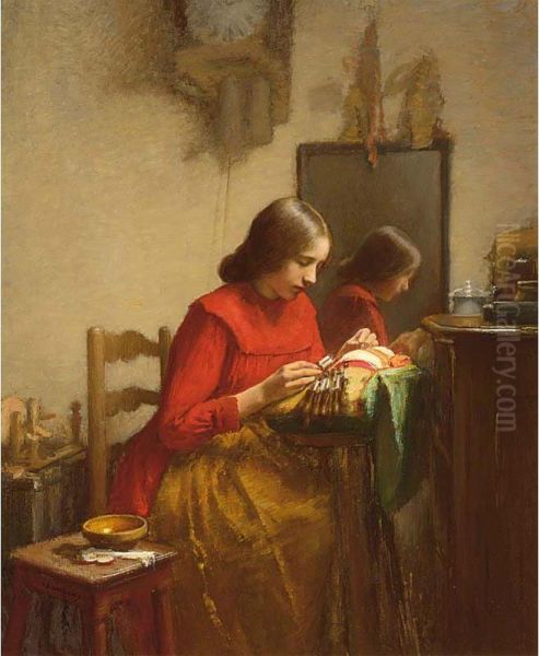 An Interior With A Girl Making Lace Oil Painting by Leon Delachaux