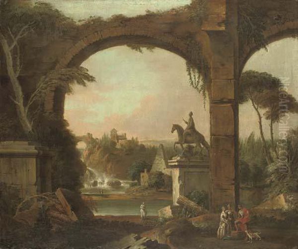 An Architectural Capriccio With Roman Ruins And Figures Conversingin The Foreground Oil Painting by William Delacour