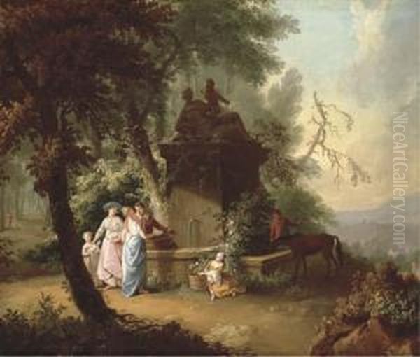 An Extensive Landscape With Elegant Company By A Fountain In A Wooded Glade Oil Painting by William Delacour