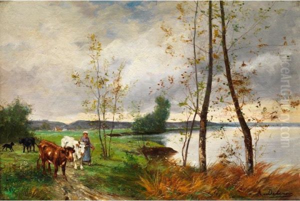 Uferlandschaft Mit Jungen Birken Und Einer Magd, Die Kuhe Weidet Oil Painting by Auguste Delacroix