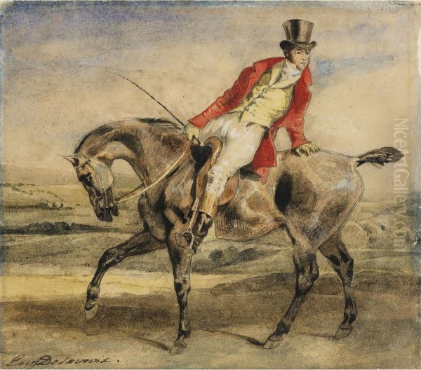 Cavalier En Veste Rouge, Tourne Vers L'arriere Oil Painting by Eugene Delacroix