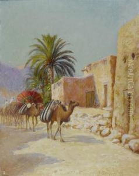 Caravan At The Edge Of An Oasis Oil Painting by Alexis-Auguste Delahogue