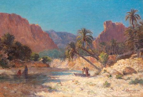 Lavandieres Dans L'oued Oil Painting by Eugene Jules Delahogue