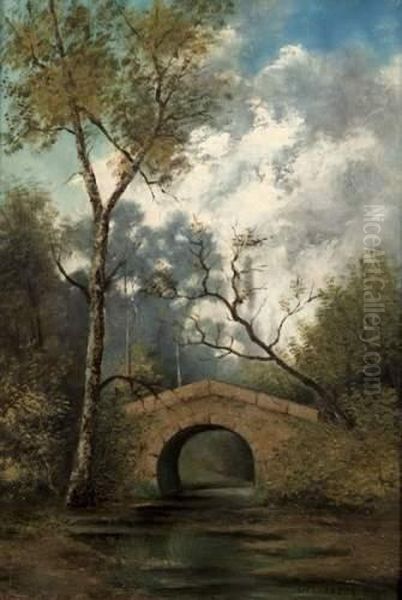 Pont Dans Un Sous Bois Oil Painting by Eugene Jules Delahogue