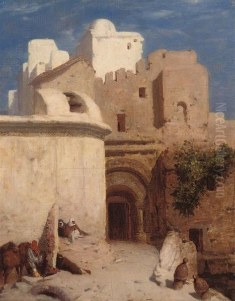 Bedouins Resting At The Gates Of A Fort Oil Painting by Paul Delamain