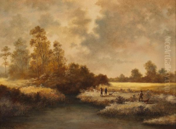 Jagdgruppe In Herbstlicher Landschaft Oil Painting by Jean Charles Delamare