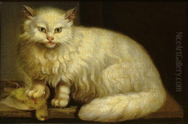 Chat Angora Jouant Avec Un Oiseau Oil Painting by Jacques Barthelemy Delamarre